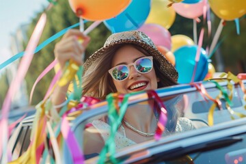 Wall Mural - A joyful woman driving away in a car, decorated with streamers and balloons, marking the beginning of an exciting holiday getaway