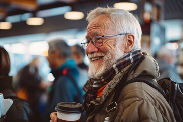 Happy old traveler standing in line at the airport cafe, his birthday coffee in hand as he chats with fellow passengers. The aroma of freshly brewed coffee