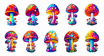 Set of different mushrooms. Neon groovy psychedelic poison mushrooms, toadstool and amanita. Cartoon trippy bright mushroom