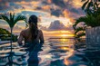 Captivating woman posing by a Caribbean infinity pool, the shimmering water reflecting the vibrant hues of the tropical sunset