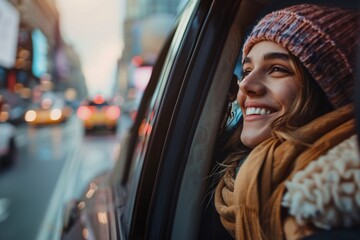 Wall Mural - Young woman traveler in the backseat of a taxi, eagerly peering out of the window at the bustling city streets, filled with anticipation for the adventures that await them on their vacation