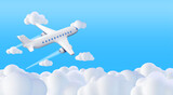 Fototapeta Pokój dzieciecy - 3D White Realistic Airplane in Clouds. Render Passenger or Commercial Jet Icon. Time for Travel Concept. Traveling Booking Agency and Airlines. Holiday Vacation. Vector Illustration