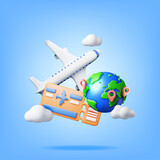 Fototapeta Pokój dzieciecy - 3d Airline Ticket or Boarding Pass, Globe and Airplane. Render Paper Ticket with Plane Icon, Tear Line and Barcode. Travel Element. Holiday or Vacation. Transportation Document. Vector Illustration