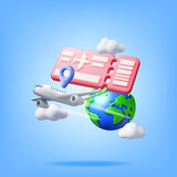 Fototapeta Pokój dzieciecy - 3d Airline Ticket or Boarding Pass, Globe and Airplane. Render Paper Ticket with Plane Icon, Tear Line and Barcode. Travel Element. Holiday or Vacation. Transportation Document. Vector Illustration