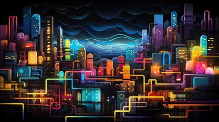 Wall Mural - Neon shapes forming a landscape of urban sky