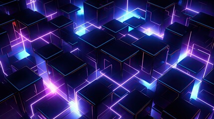 Geometric background with neon cubes in three dimensional space