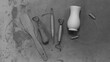 Black and White Pottery Tools and Vase on Canvas