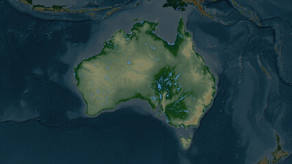 Australia highlighted. Physical elevation map