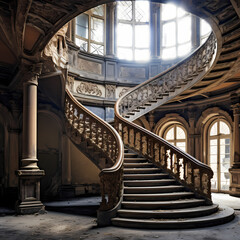 Poster - A spiral staircase in an old building.