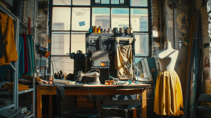 Wall Mural - A tidy, well-lit tailor's workshop reveals the creative chaos of fashion design.