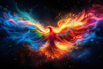 vibrant phoenix rising in cosmic space with colorful flames and stars.