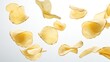 Flying delicious potato chips cut out, 8k resolution.

