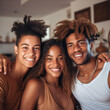 Group of three friends from african ethnicity smiling and posing together. Friendship and african american concept art. 