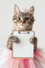 Canvas Print - A cat in a pink tutu holding a clipboard.