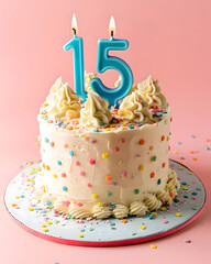 A festive delicious birthday cake with number 15 candle - Fifteen Years