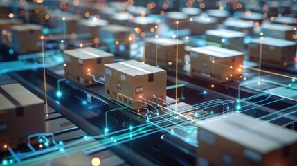 In a vast warehouse space, a network of computer lines coordinates the logistics of delivery. Boxes, stacked neatly in rows, await distribution, symbolizing the efficiency of the supply chain process.