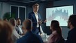 © inthasone - Confident businessman delivering a presentation consulting training persuading employees client group, mentor leader explain graph strategy at team meeting workshop
