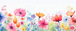 Vibrant watercolor garden panorama with assorted blooming flowers in reds, blues, and yellows, suggesting spring freshness and peacefulness