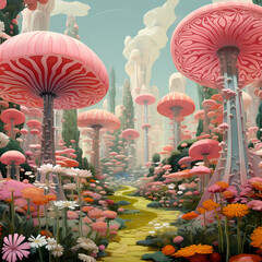 Wall Mural - A surreal garden with oversized flowers.