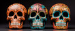 Three vibrant Day of the Dead skulls aligned, showcasing ornate designs signifying cultural celebration, remembrance, artistry, and mortality