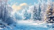 Enchanting winter wonderland: digital art illustration of a snowy landscape, capturing the serenity and majesty of nature's cold embrace