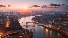 London Skyline With Tower Bridge At Dusk, England, United Kingdom, Panoramic View On London And Thames At Twilight, From Tower Brid, AI Generated