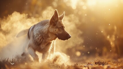 Wall Mural - A big, super cute dog, stomping hard on the ground with his hind legs, raising the dust,profile, soft colors,high resolution, sunlight, amazing details,uhd image, fujiyoshitoyo, diamond wire