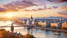 Panoramic view of Budapest at sunset, Hungary. Beautiful cityscape with Danube river, Panoramic view over the budapest at sunset, AI Generated