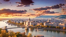 Panoramic View Of Budapest And Danube River At Sunset, Hungary, Panoramic View Over The Budapest At Sunset, AI Generated