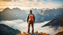 Man Standing On Top Of A Mountain And Enjoying The View Of The Foggy Valley, Rear View Of Sporty Man On The Mountain Peak Looking On Mountain Valley With Low Clouds At Colorful Sunset, AI Generated