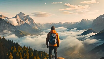 Canvas Print - Man with backpack standing on the top of the mountain and looking at the valley, rear view of Sporty man on the mountain peak looking on mountain valley with low clouds at colorful, AI Generated