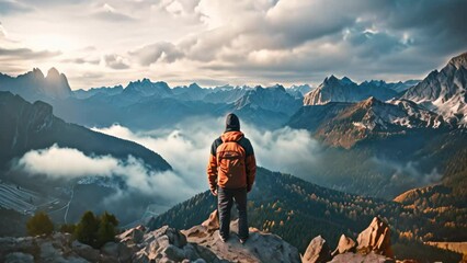 Wall Mural - Hiker with backpack standing on the edge of a cliff and enjoying the view of Dolomites, Italy, rear view of Sporty man on the mountain peak looking on mountain valley, AI Generated