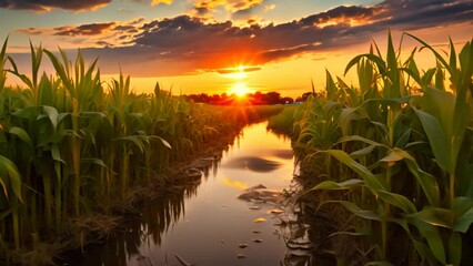 Wall Mural - Sunset over corn field with reflection in water, agricultural landscape, Recreation artistic of maizefield with maize plants at sunset, AI Generated