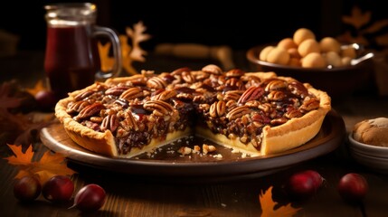 Cut Pecan tart with pecan nuts on rustic wooden background