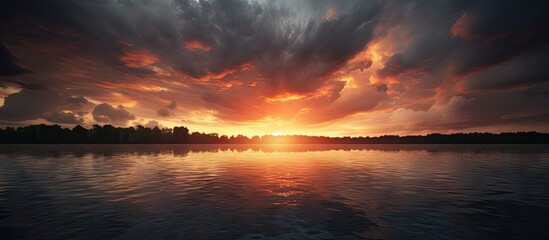 Poster - Fiery Sun Setting on the Horizon Casting Reflections on Tranquil Water Surface