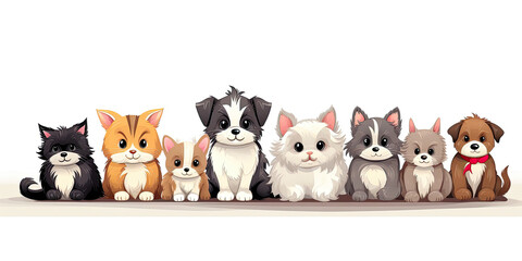 Wall Mural - A row of cartoon kittens and puppies sitting on a white background.