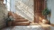 Rustic wooden staircase with stone cladding wall. Generative Ai