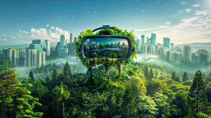 Sticker - A virtual reality headset is surrounded by a forest of trees. The trees are green and lush, and the headset is blue. Concept of wonder and adventure