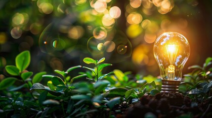 Poster - A light bulb is lit up in a forest. The light is shining on the leaves and the surrounding area. Concept of warmth and brightness, as well as the beauty of nature