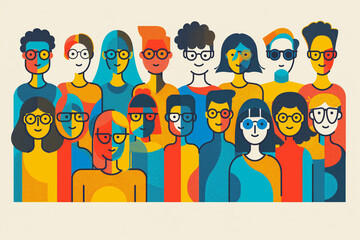 Illustration of modern diverse young people. Group of people in two rows.