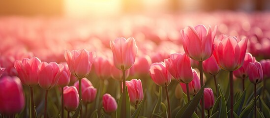 Sticker - Vibrant Pink Tulips Blooming Brightly in a Lush Field of Spring Beauty