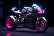 © Creative - 3D rendering of a futuristic motorcycle on dark background with neon lights