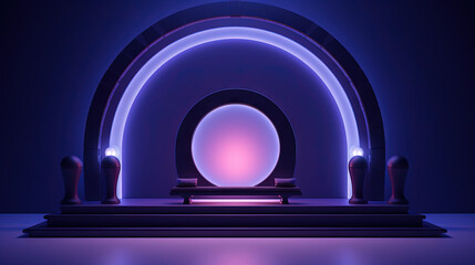 Sticker - Neon arc in blue and purple lights room. Abstract background for product display.