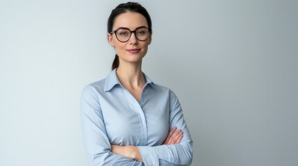 Wall Mural - woman with short blonde hair and a confident smile is wearing a white shirt and stands with her arms crossed against a light grey background