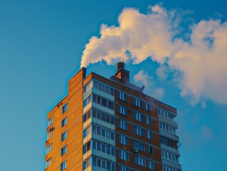 Poster - A tall brick building with smoke coming out of the top