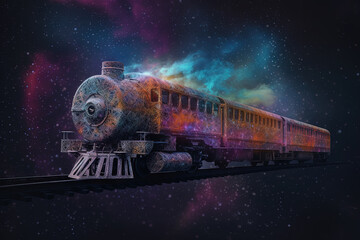 Surreal magic train in the astral space. Railway trip on the magic train with good aura.