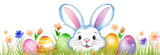 Fototapeta Miasta - Watercolor Easter border with Easter bunny, eggs, flowers and green grass.