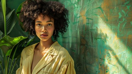 Wall Mural - A woman with curly hair is wearing a yellow shirt and standing in front of a green wall. She has a serious expression on her face