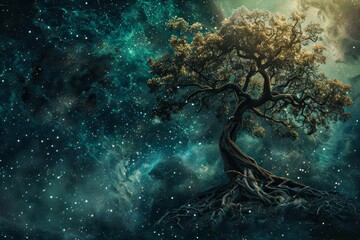 Poster - A tree is growing in the middle of a starry sky. The sky is filled with stars and the tree is surrounded by them