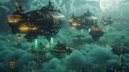 Wall Mural - a group of spaceships flying through a cloudy sky. scene is mysterious and futuristic